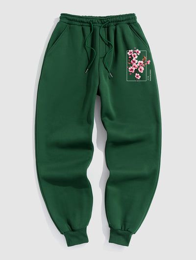 Men's Casual Japanese Letter Cherry Blossoms Graphic Pattern Fuzzy Fleece-lined Drawstring Jogger Sweatpants