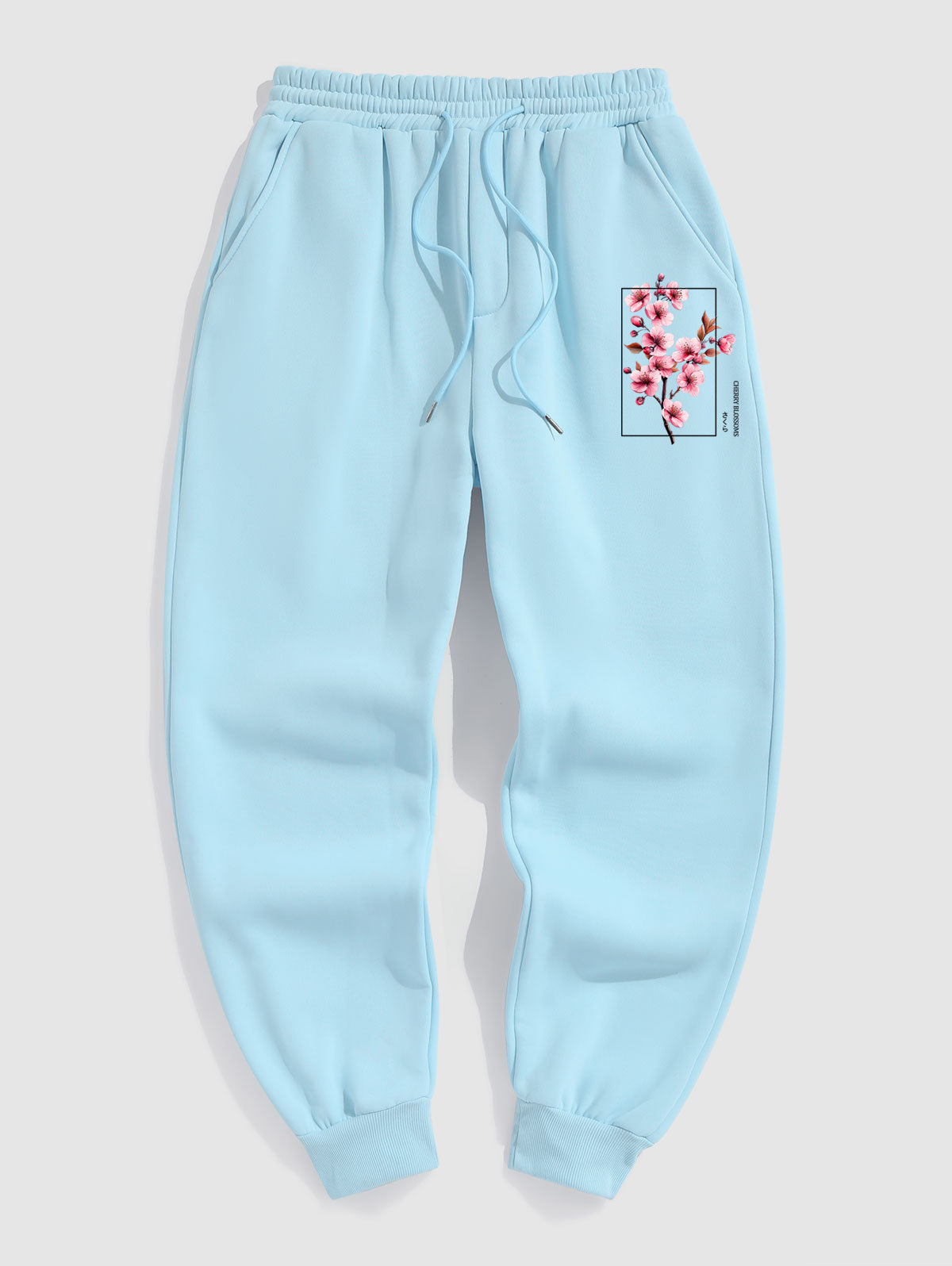 Men's Casual Japanese Letter Cherry Blossoms Graphic Pattern Fuzzy Fleece-lined Drawstring Jogger Sweatpants