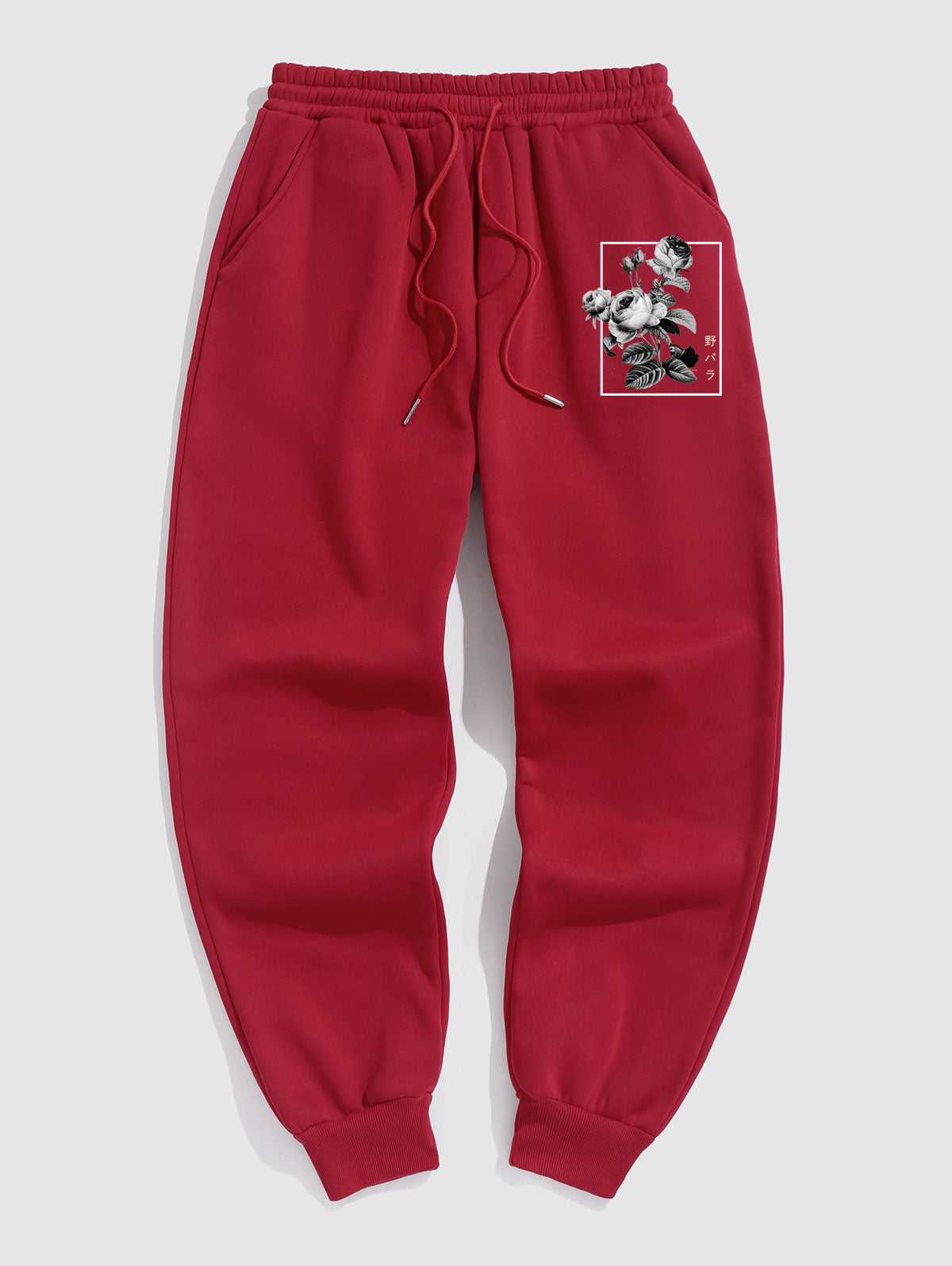 Men's Casual Japanese Rose Graphic Pattern Fuzzy Fleece-lined Drawstring Jogger Sweatpants