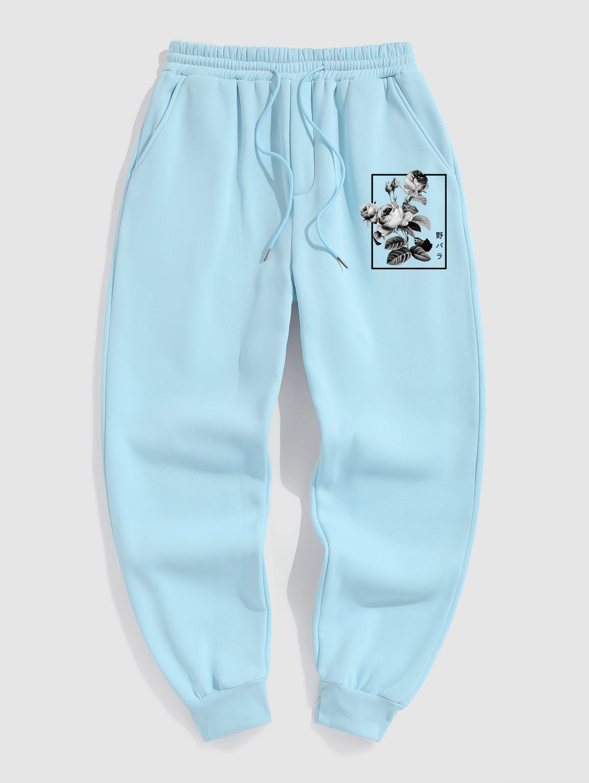 Men's Casual Japanese Rose Graphic Pattern Fuzzy Fleece-lined Drawstring Jogger Sweatpants