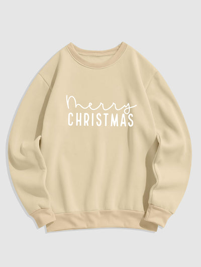 Men's Letter Merry Christmas Printed Fuzzy Fleece-lined Crew Neck Pullover Sweatshirt