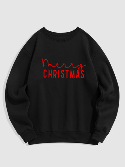 Men's Letter Merry Christmas Printed Fuzzy Fleece-lined Crew Neck Pullover Sweatshirt