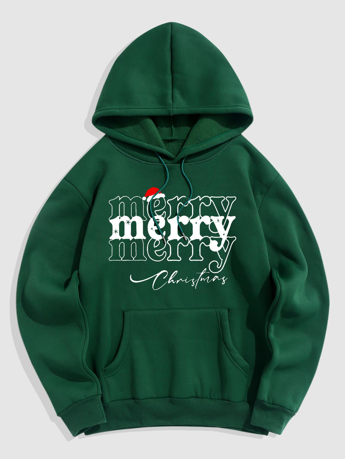 Men's Letter Merry Christmas Hat Pattern Fuzzy Fleece-lined Kangaroo Pocket Design Pullover Hoodie