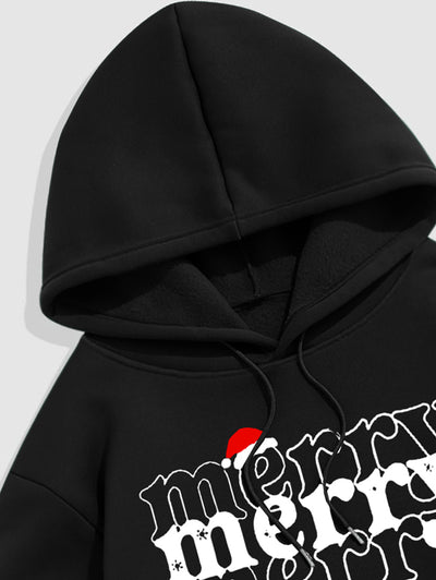 Men's Letter Merry Christmas Hat Pattern Fuzzy Fleece-lined Kangaroo Pocket Design Pullover Hoodie