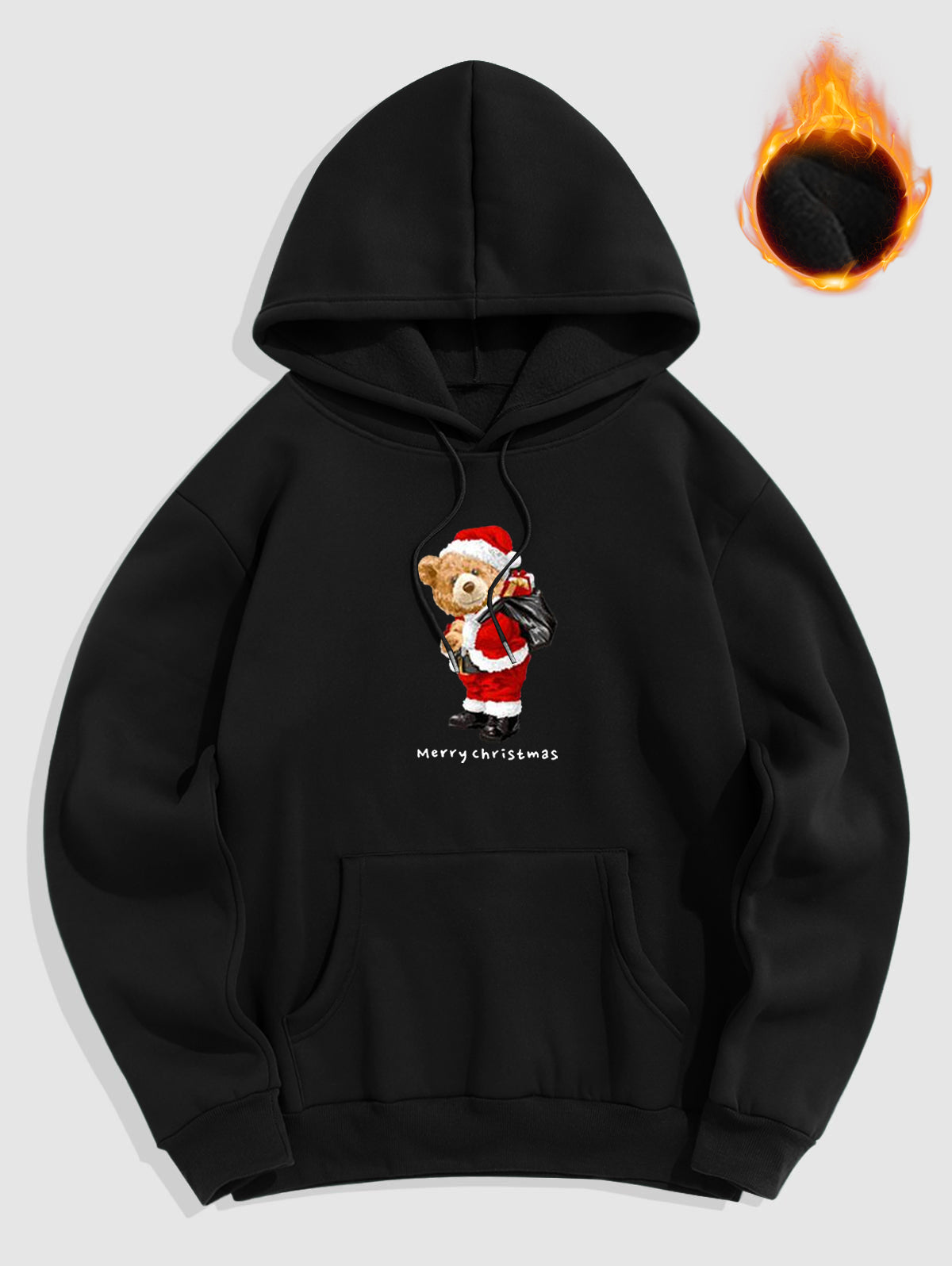 Men's Letter Christmas Bear Pattern Fuzzy Fleece-lined Kangaroo Pocket Design Pullover Hoodie