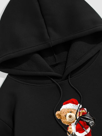 Men's Letter Christmas Bear Pattern Fuzzy Fleece-lined Kangaroo Pocket Design Pullover Hoodie