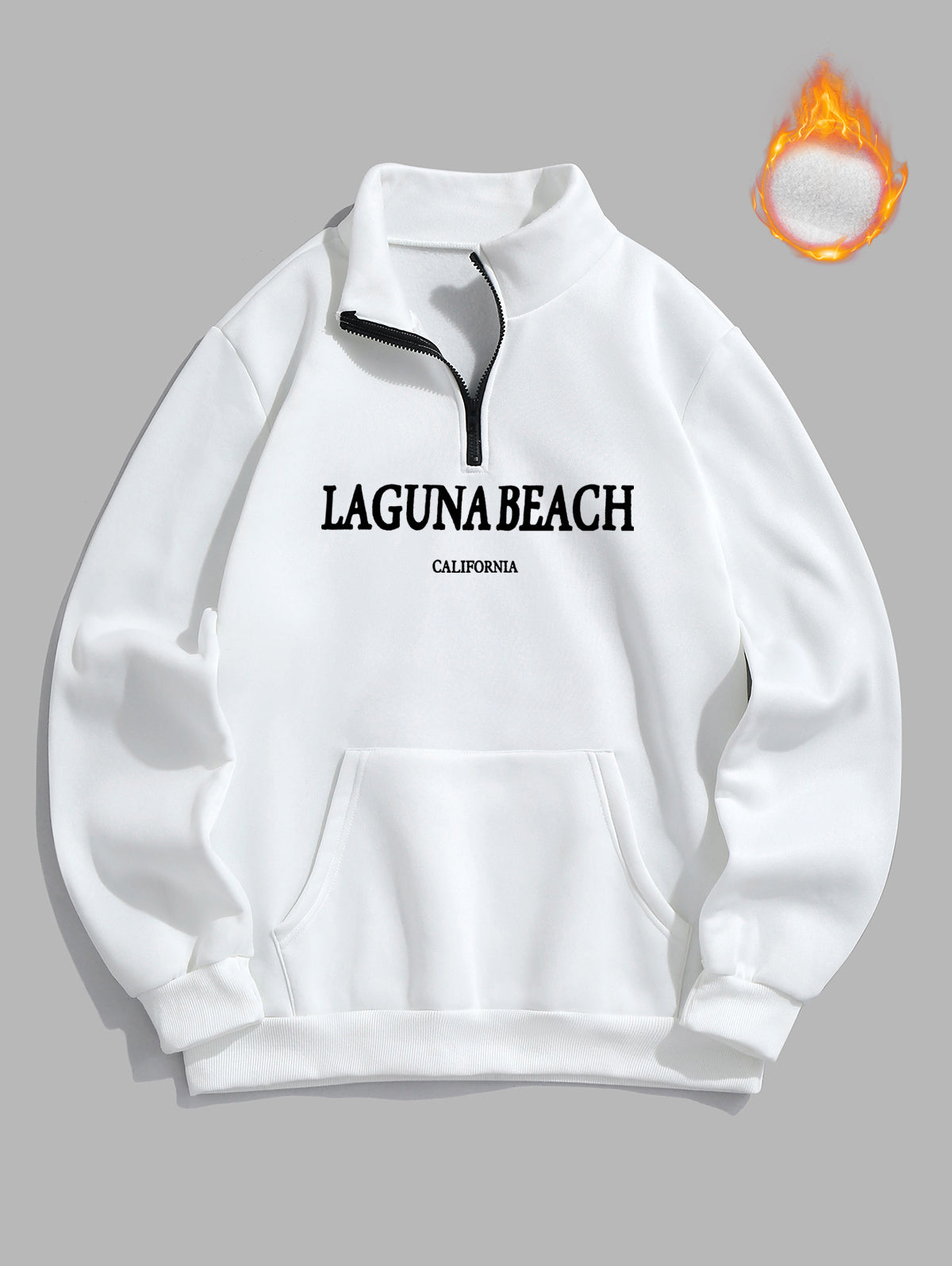 Men's LAGUNA BEACH CALIFORNIA Printed Fuzzy Fleece-lined Half Zip Stand Collar Kangaroo Pocket Design Pullover Sweatshirt Kosyway