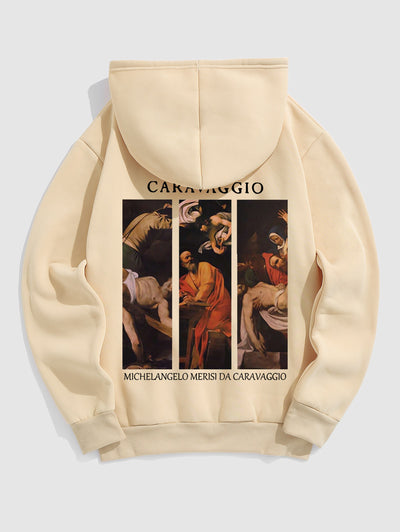 Men's Caravaggio Painting Printed Fuzzy Fleece-lined Kangaroo Pocket Design Pullover Hoodie Kosyway