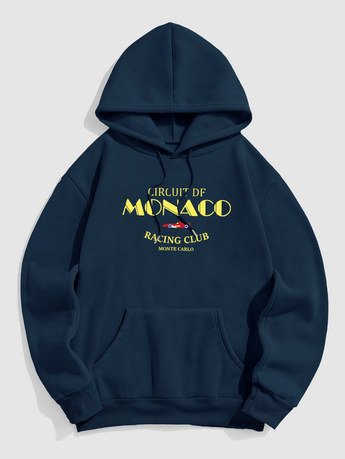 Men's Monaco Racing Club Letter Graphic Printed Fuzzy Fleece-lined Kangaroo Pocket Design Pullover Hoodie Kosyway