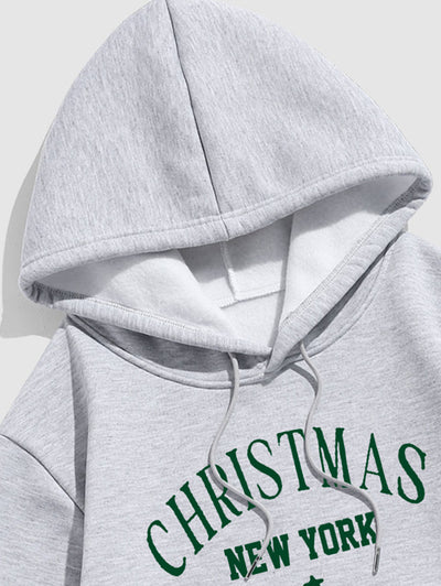 Men's NEW YORK Christmas Tree Pattern Fuzzy Fleece-lined Kangaroo Pocket Design Pullover Hoodie