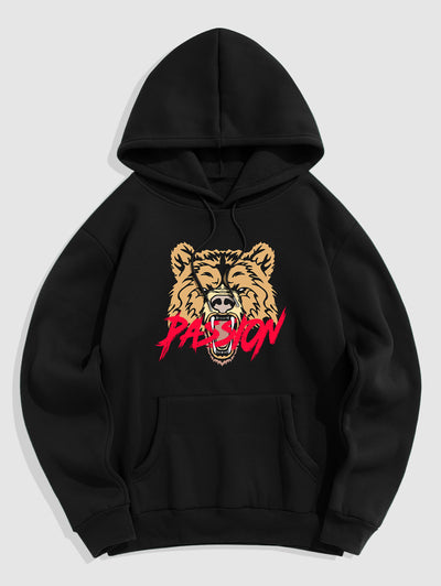 Men's PASSION Tiger Pattern Printed Fuzzy Fleece-lined Kangaroo Pocket Design Pullover Hoodie Kosyway