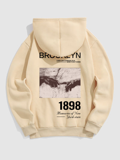 Men's BROOKLYN 1898 Letter Hand Graphic Printed Fuzzy Fleece-lined Kangaroo Pocket Design Pullover Hoodie Kosyway