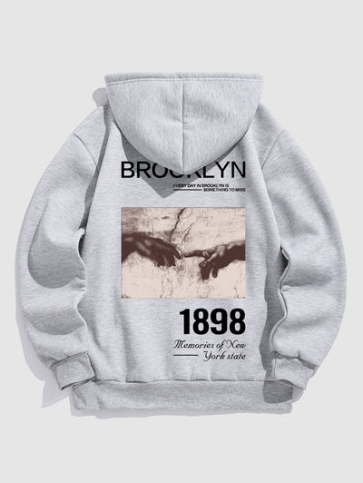 Men's BROOKLYN 1898 Letter Hand Graphic Printed Fuzzy Fleece-lined Kangaroo Pocket Design Pullover Hoodie Kosyway