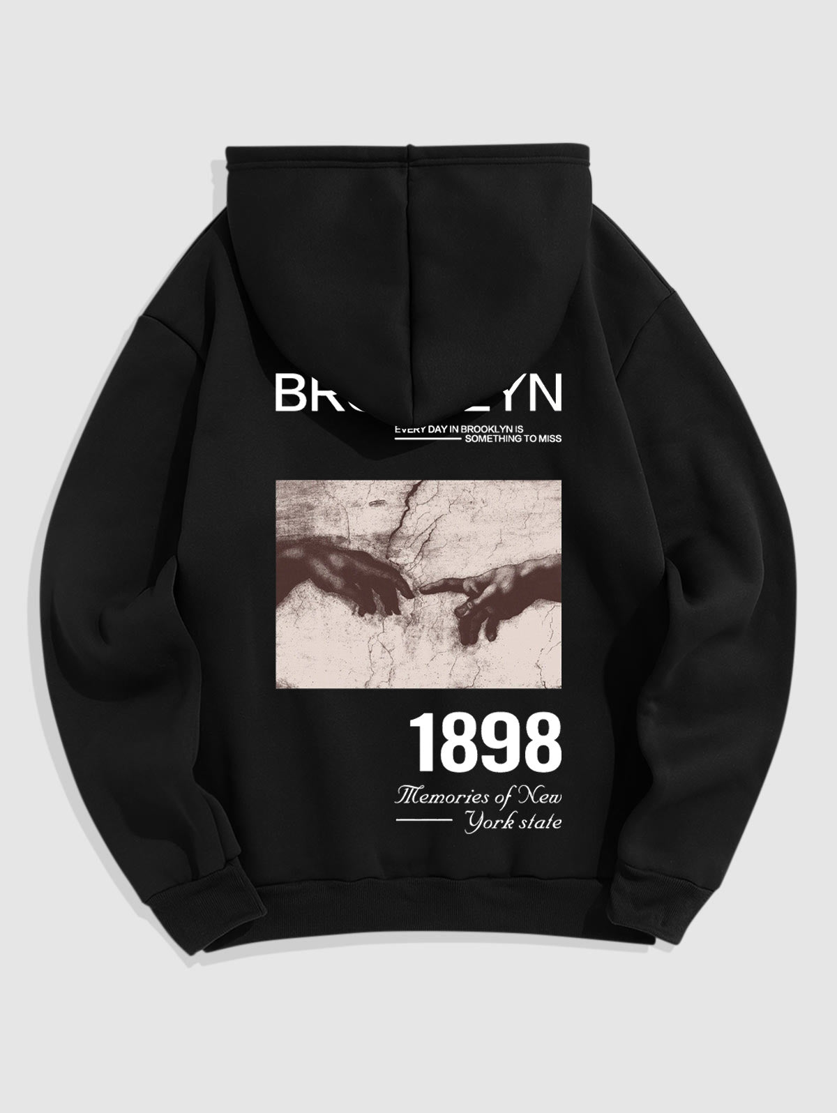 Men's BROOKLYN 1898 Letter Hand Graphic Printed Fuzzy Fleece-lined Kangaroo Pocket Design Pullover Hoodie Kosyway