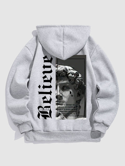 Men's Letter Figure Graphic Printed Fuzzy Fleece-lined Kangaroo Pocket Design Pullover Hoodie Kosyway