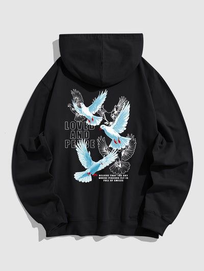 Men's Casual Letter Bird Pattern Printed Kangaroo Pocket Pullover Hoodie Kosyway