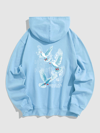 Men's Casual Letter Bird Pattern Printed Kangaroo Pocket Pullover Hoodie Kosyway