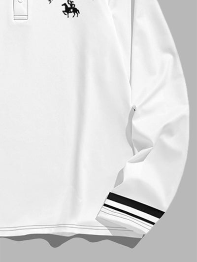 Men's Letter Number Graphic Pattern Contrast Striped Trim Half Buttoned Polo Collar Long Sleeves T-shirt