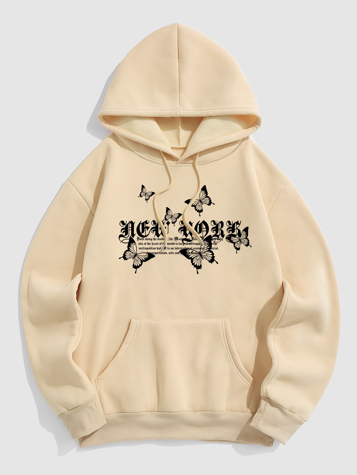 Men's New York Letter Butterflies Pattern Fuzzy Fleece-lined Kangaroo Pocket Design Pullover Hoodie Kosyway