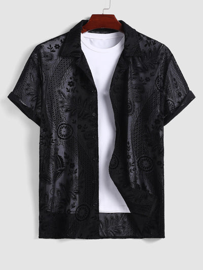 Men's Velvet Lace Jacquard Camp Collar Button Up Short Sleeves Shirt