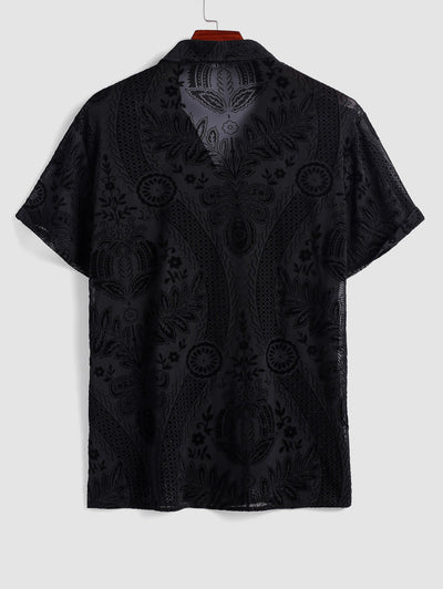 Men's Velvet Lace Jacquard Camp Collar Button Up Short Sleeves Shirt