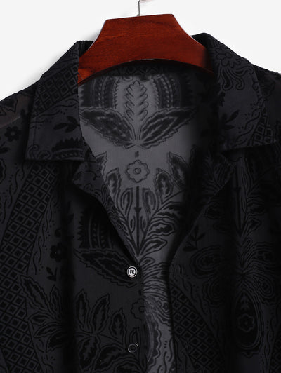 Men's Velvet Lace Jacquard Camp Collar Button Up Short Sleeves Shirt