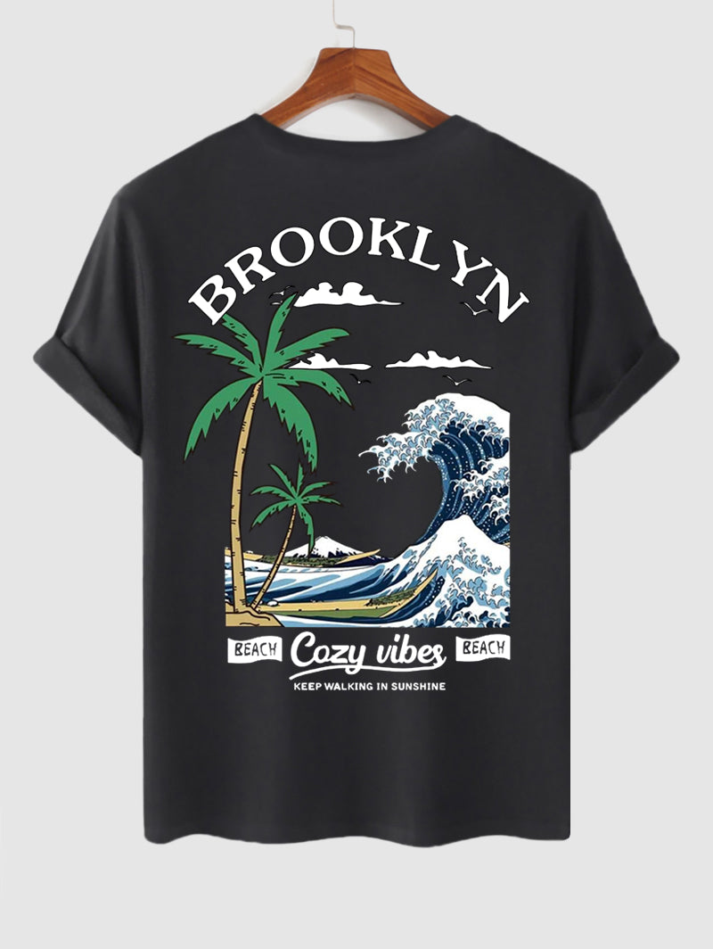 Men's Casual Letter Coconut Tree Sea Waves Printed Short Sleeves T-shirt