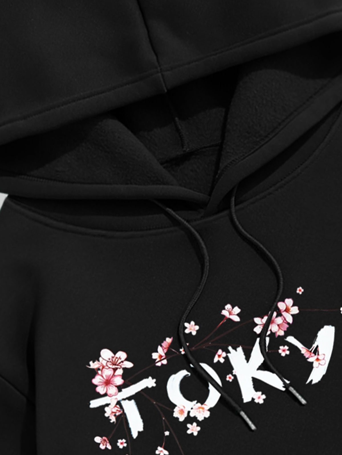 Men's Tokyo Letter Sakura Pattern Fuzzy Fleece-lined Kangaroo Pocket Design Pullover Hoodie Kosyway