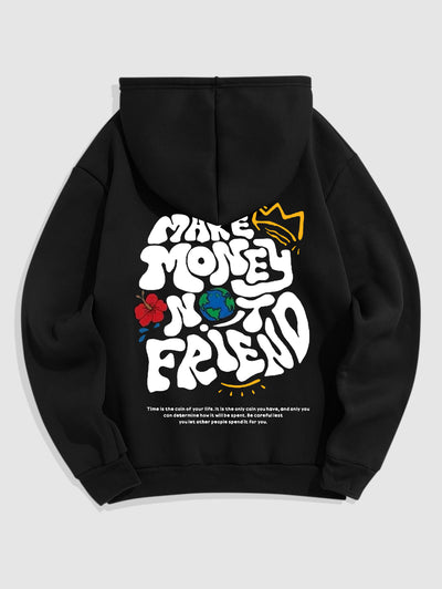 Men's King Crown Letter Graphic Printed Fuzzy Fleece-lined Kangaroo Pocket Design Pullover Hoodie Kosyway