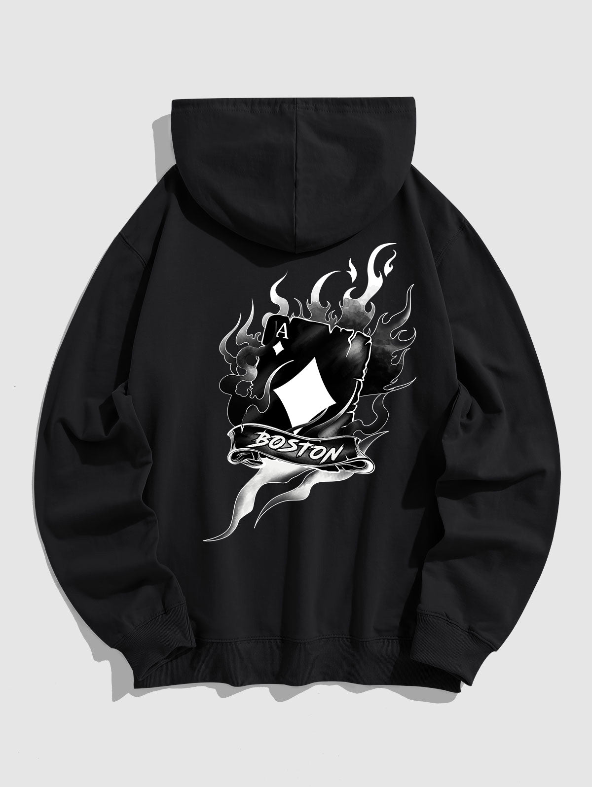 Men's Casual BOSTON Playing Card A Flame Pattern Kangaroo Pocket Pullover Hoodie Kosyway