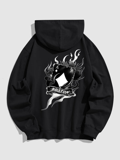 Men's Casual BOSTON Playing Card A Flame Pattern Kangaroo Pocket Pullover Hoodie Kosyway