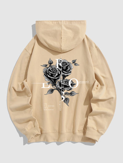 Men's Floral Rose Letter Graphic Printed Kangaroo Pocket Pullover Hoodie Kosyway