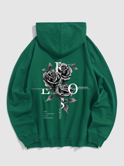 Men's Floral Rose Letter Graphic Printed Kangaroo Pocket Pullover Hoodie Kosyway