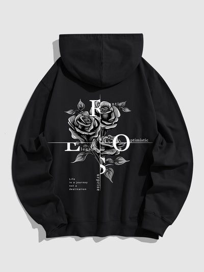 Men's Floral Rose Letter Graphic Printed Kangaroo Pocket Pullover Hoodie Kosyway