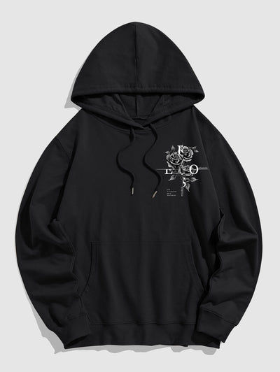 Men's Floral Rose Letter Graphic Printed Kangaroo Pocket Pullover Hoodie Kosyway