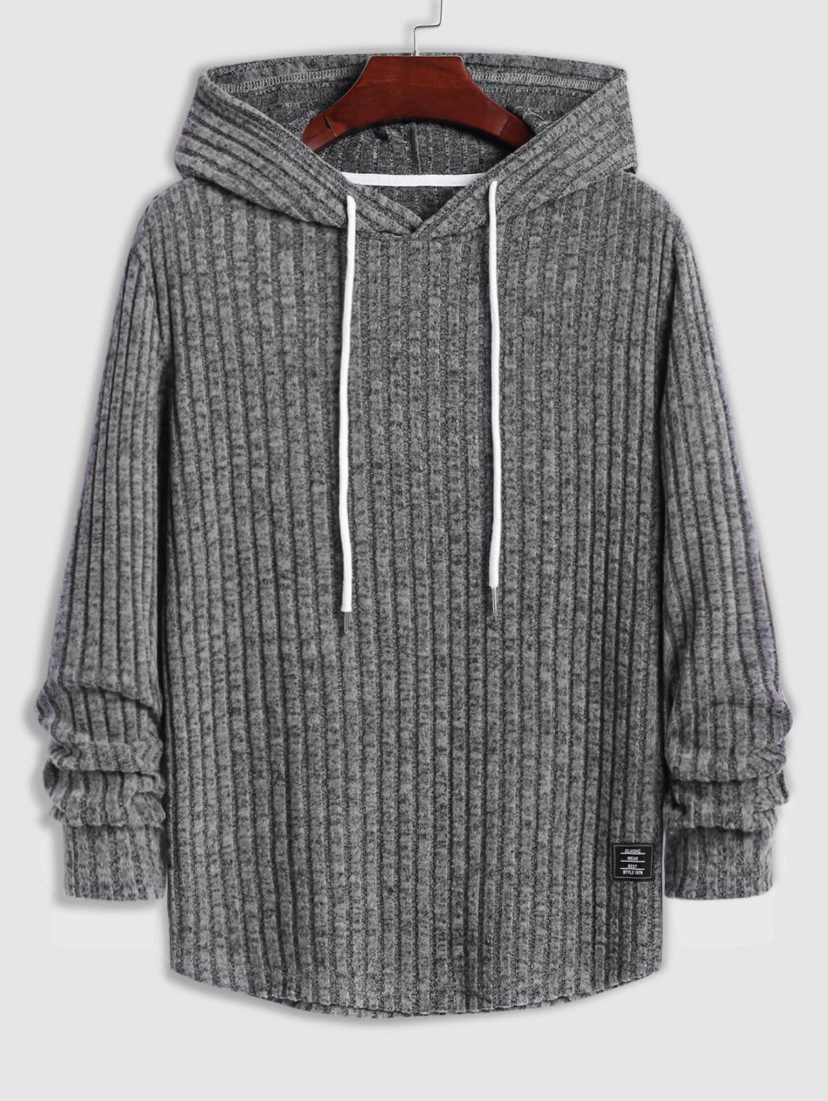 Men's Casual Ribbed Knit Patch Design Long Sleeves Hooded T-shirt