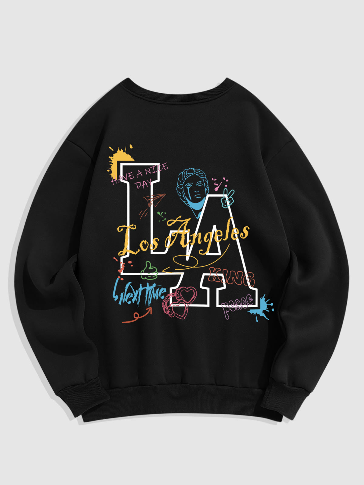 Men's Graffiti Letter Heart Gesture Graphic Printed Fuzzy Fleece-lined Crew Neck Pullover Sweatshirt Kosyway