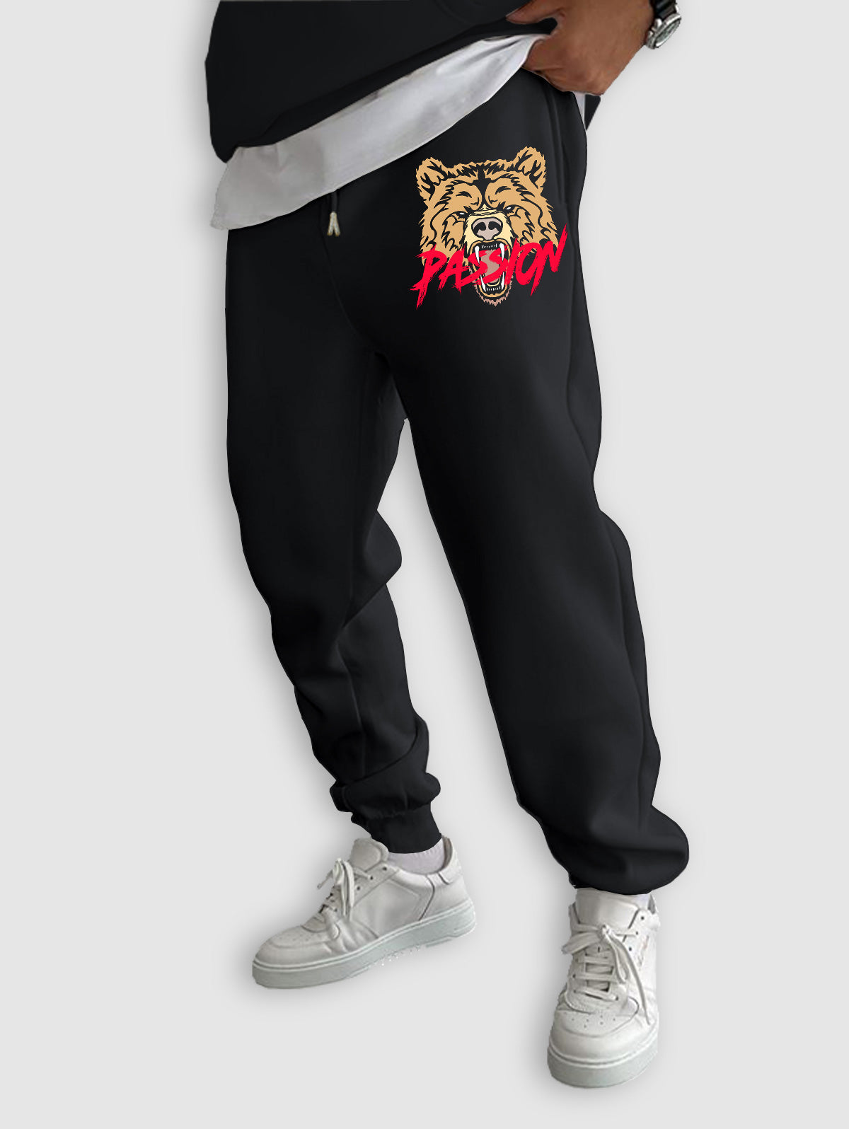 Men's Casual PASSION Tiger Pattern Fuzzy Fleece-lined Drawstring Jogger Sweatpants Kosyway