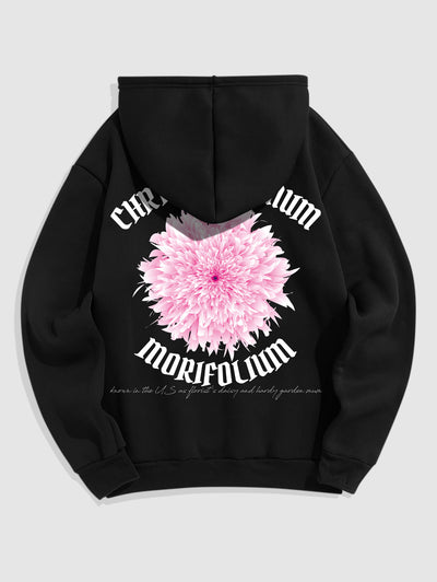 Men's Pink Flower Letter Pattern Printed Fuzzy Fleece-lined Kangaroo Pocket Design Pullover Hoodie Kosyway