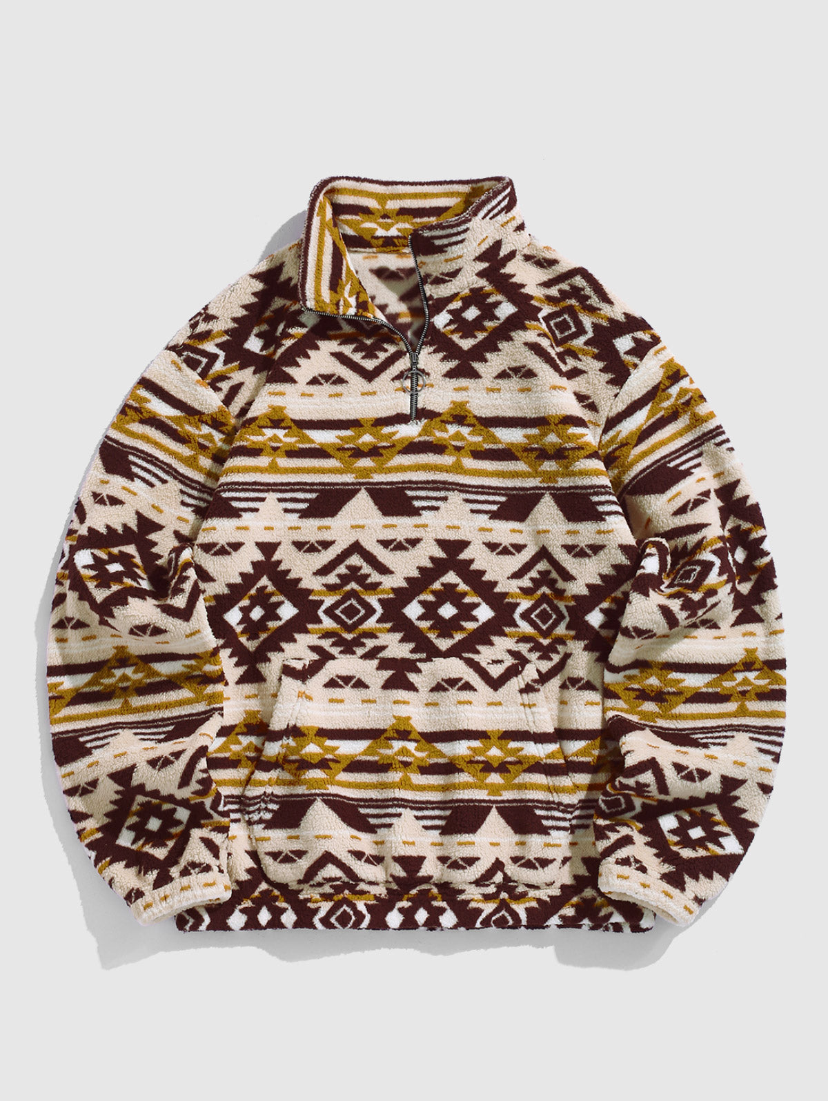 Men's Ethnic Print Quarter Zip Stand Collar Kangaroo Pocket Design Pullover Sweatshirt Kosyway