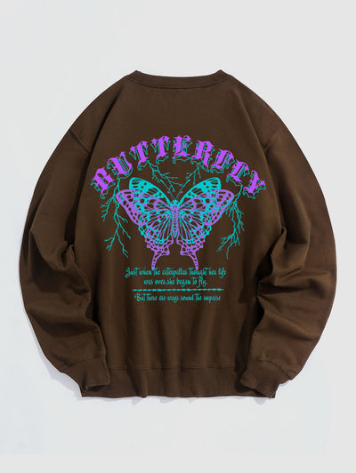 Men's Colorful Butterfly Letter Printed Crew Neck Pullover Sweatshirt