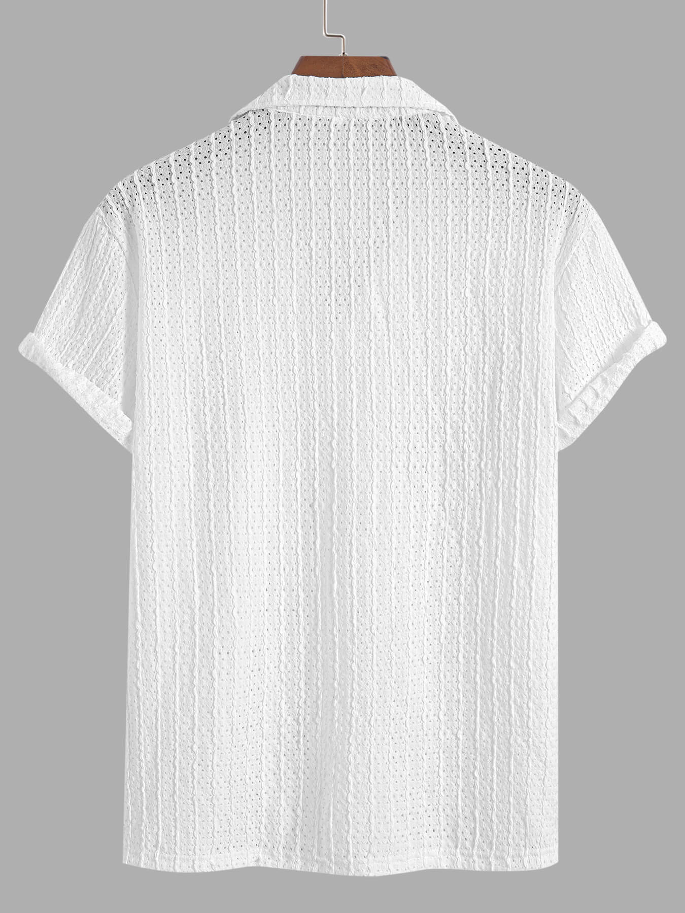 Men's Casual Solid Color Eyelet Openwork Camp Collar Button Up Short Sleeves Shirt