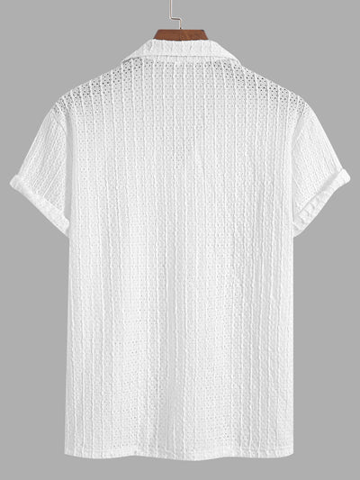 Men's Casual Solid Color Eyelet Openwork Camp Collar Button Up Short Sleeves Shirt