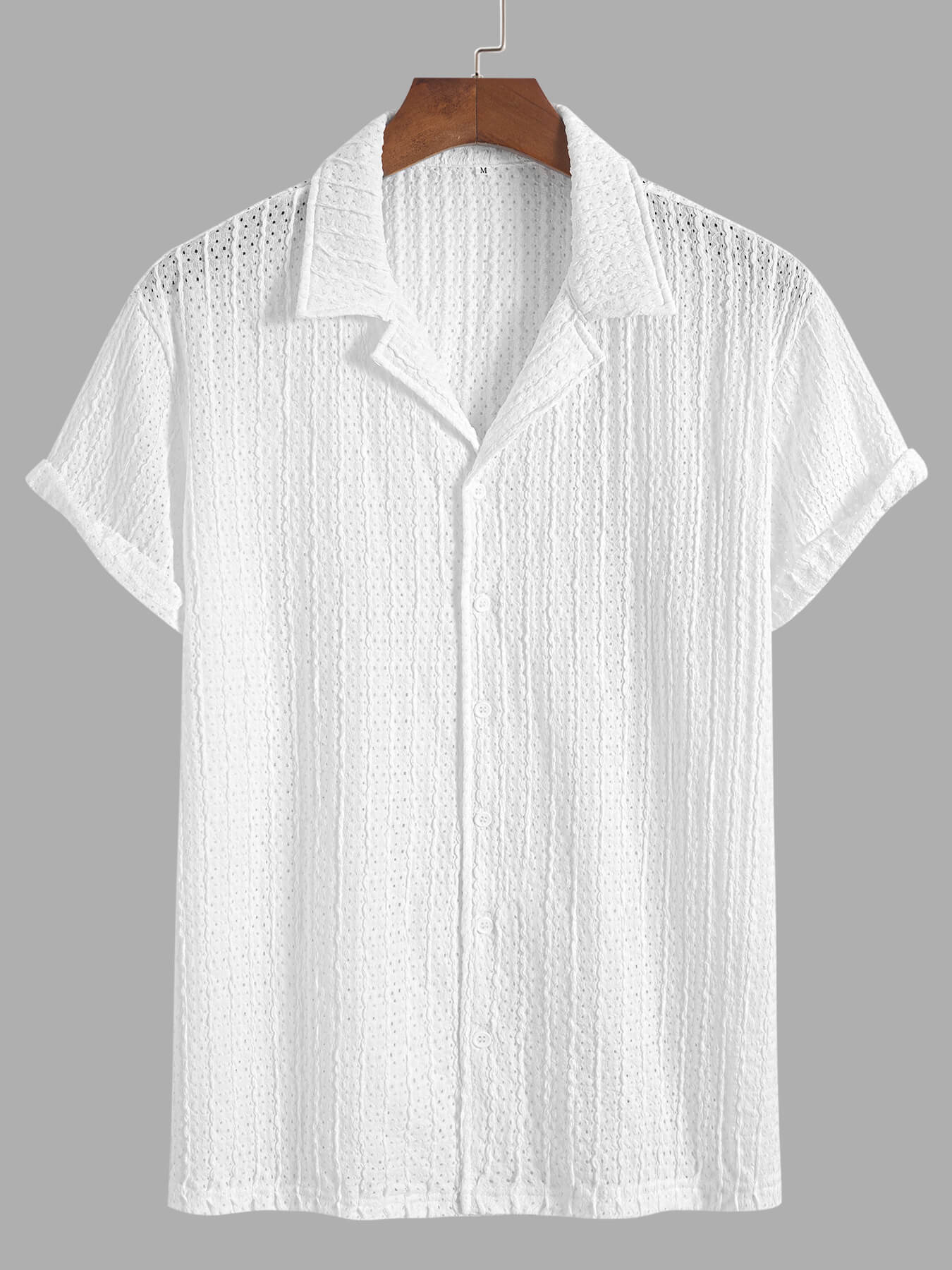 Men's Casual Solid Color Eyelet Openwork Camp Collar Button Up Short Sleeves Shirt