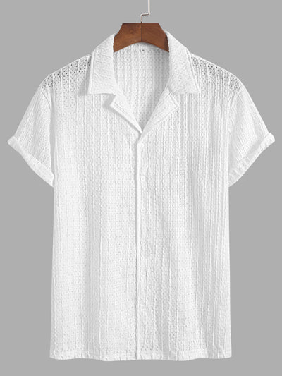 Men's Casual Solid Color Eyelet Openwork Camp Collar Button Up Short Sleeves Shirt