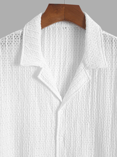 Men's Casual Solid Color Eyelet Openwork Camp Collar Button Up Short Sleeves Shirt