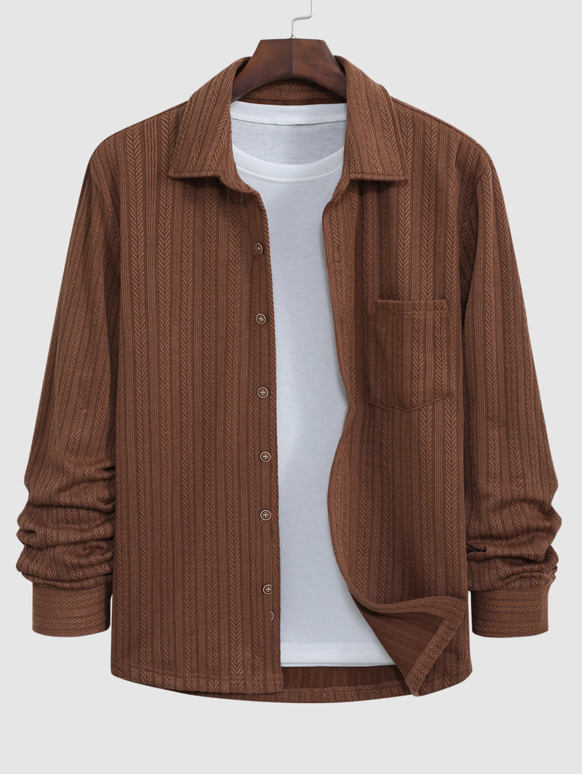 Men's Solid Color Jacquard Textured Pocket Design Button Up Long Sleeves Shirt