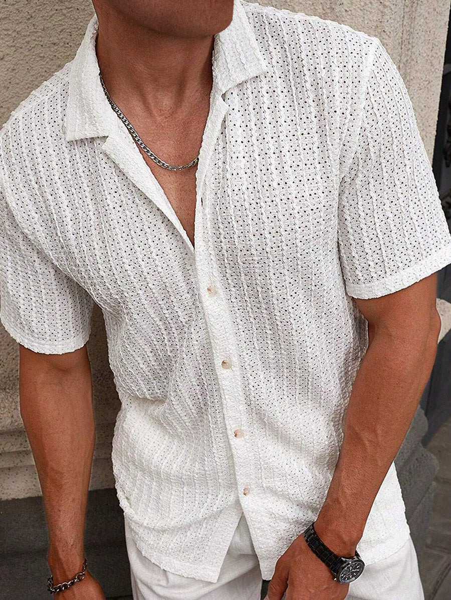 Men's Casual Solid Color Eyelet Openwork Camp Collar Button Up Short Sleeves Shirt