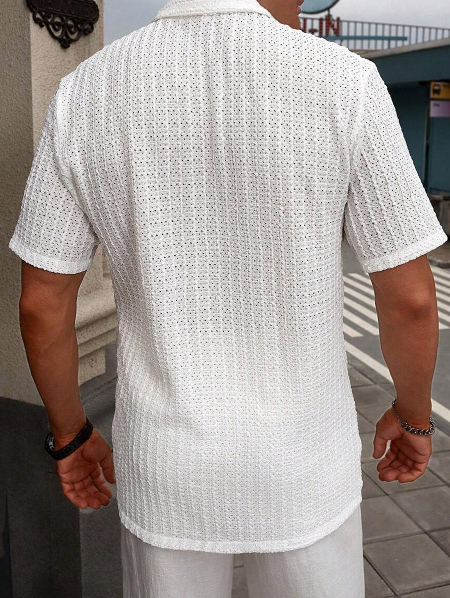 Men's Casual Solid Color Eyelet Openwork Camp Collar Button Up Short Sleeves Shirt