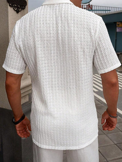 Men's Casual Solid Color Eyelet Openwork Camp Collar Button Up Short Sleeves Shirt